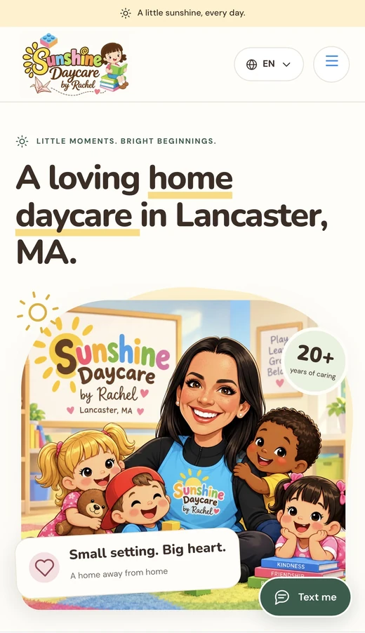 Versão mobile do website Sunshine Daycare by Rachel.